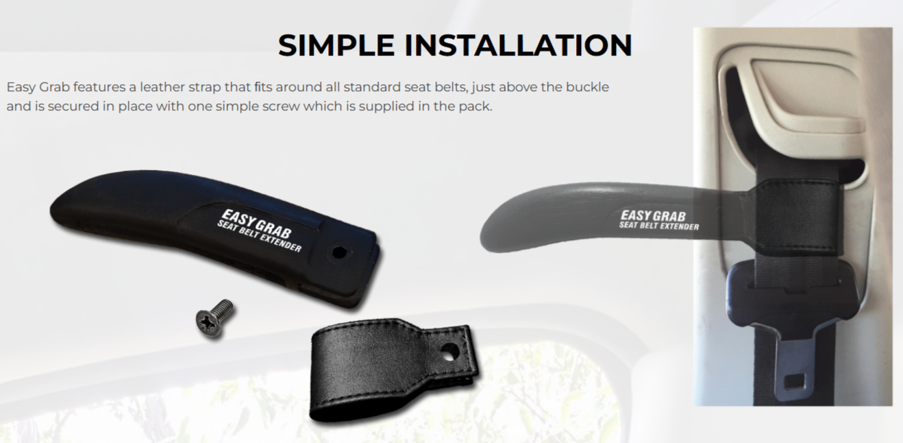 Easy Grab seat belt extender parts: handle, leather strap and single fixing screw, and the handle fitted to a seat belt